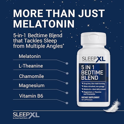 SleepXL Sleep Supplement Non-Habit-Forming Formula - Fall Asleep Faster & Sleep Longer - 5 key