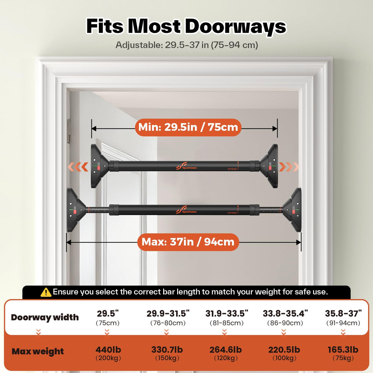 Sportneer Pull Up Bar for Doorway, No-Drill, 29.5-37 in, 440 lb