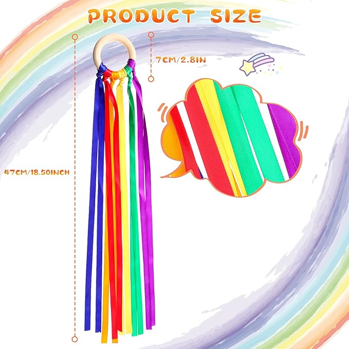 12 Pcs Rainbow Ribbon Wooden Waldorf Toys Creative Waldorf Hand Kite Set Streamers with Wood Ring