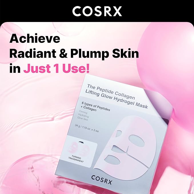 COSRX Pink Peptides Collagen Lifting Glow Hydrogel Face Masks Skincare 3 EA, Collagen Face Mask
