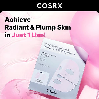 COSRX Pink Peptides Collagen Lifting Glow Hydrogel Face Masks Skincare 3 EA, Collagen Face Mask