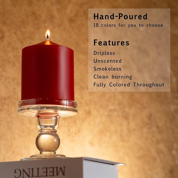 MOZEAL 3" x 4" Hand-Poured Unscented Red Pillar Candles,Dripless Candles Set of 3,Smokeless,Clean