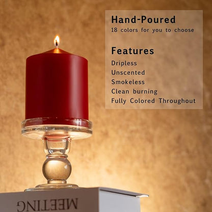 MOZEAL 3" x 4" Hand-Poured Unscented Red Pillar Candles,Dripless Candles Set of 3,Smokeless,Clean
