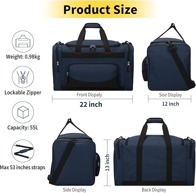 22 inch Gym Bag for Men - 55L Large Travel Duffle Bag Sports Equipment Bag with Multiple Zippered