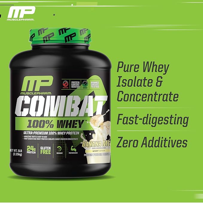 MusclePharm Combat 100% Whey Protein Powder, Banana Milk Flavor, Fast Recovery & Muscle Gain with