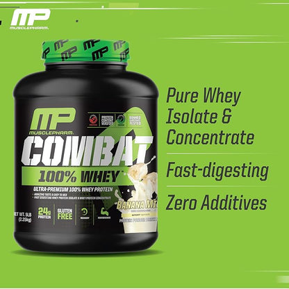 MusclePharm Combat 100% Whey Protein Powder, Banana Milk Flavor, Fast Recovery & Muscle Gain with