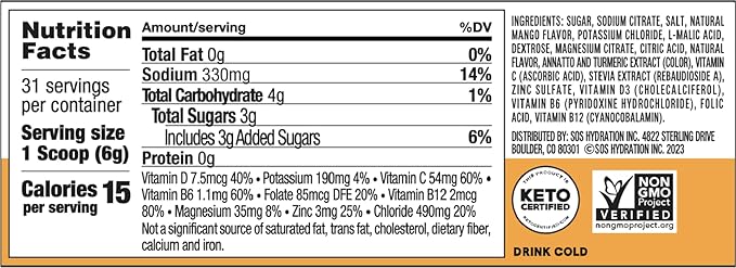 SOS Hydration Electrolyte Drink Mix (31 Servings) – Low Sugar, 15 Calorie, Keto-Friendly & Rapid