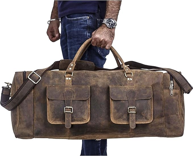 KomalC 24 inch Duffel Bag Travel Sports Overnight Weekend Leather Duffle Bag for Gym Sports Cabin