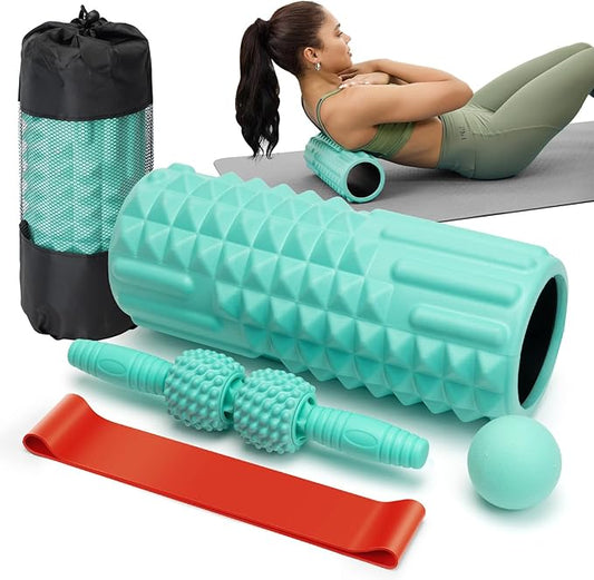 5 in 1 Foam Roller Set - Back Roller Foam, Massage Roller Stick, Massage Ball, Resistance Band for