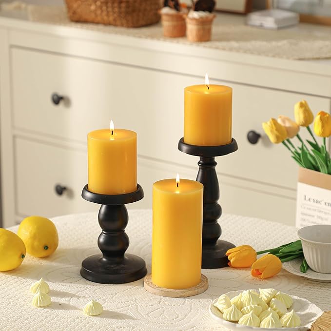 3x4 Inch Yellow Pillar Candles Set of 3 - Decorative Unscented Pillar Candle, Long Burning Dripless