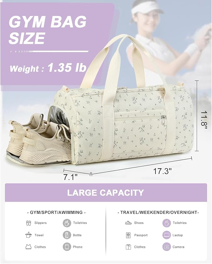 Duffle Bag for Gym Sports Women Girls Workout Travel Bag Weekender with Shoe Compartment and Wet