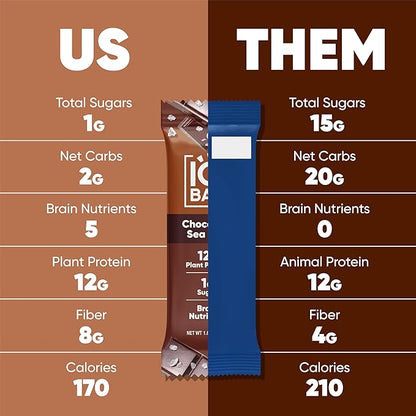 IQBAR Brain and Body Plant Protein Bars - Chocolate Sea Salt - 12-Count Low Carb - Gluten Free