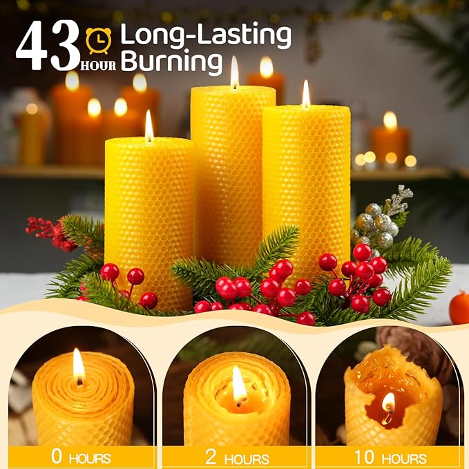 6 Pack Natural Beeswax Pillar Candles,2.8x6in Handmade Beeswax Rolled Candles,258 Hours Long