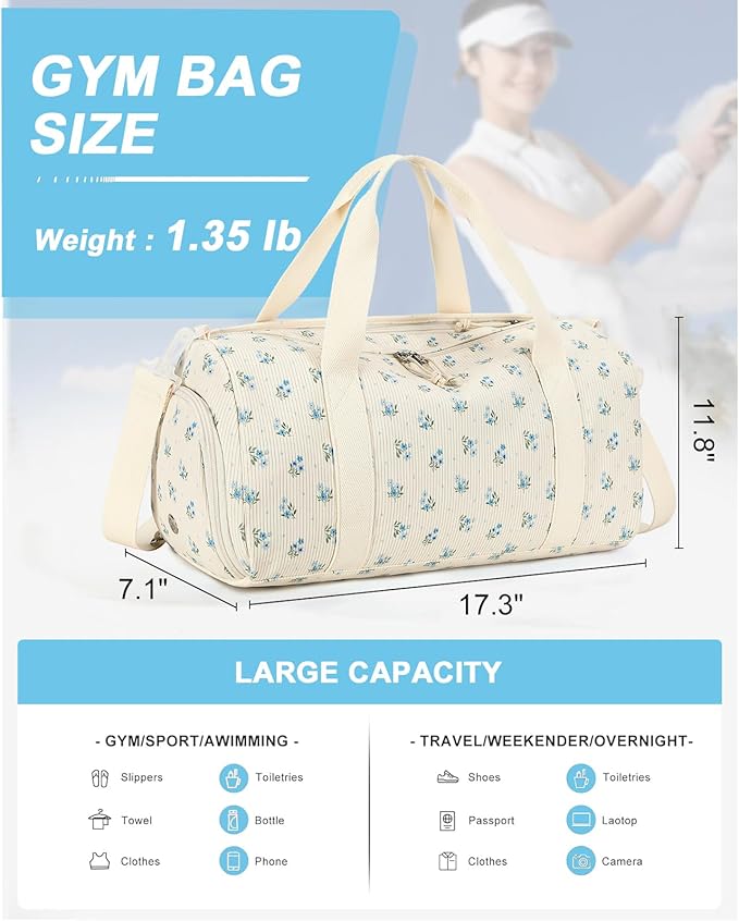 Duffle Bag for Gym Sports Women Girls Workout Travel Bag Weekender with Shoe Compartment and Wet