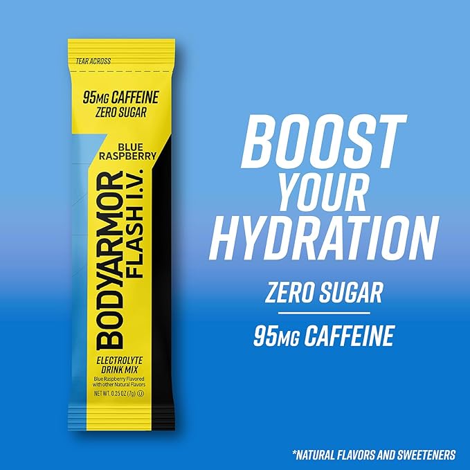 BODYARMOR Caffeinated Flash I.V. Electrolyte Packets Blue Raspberry - Zero Sugar Energy Drink Mix