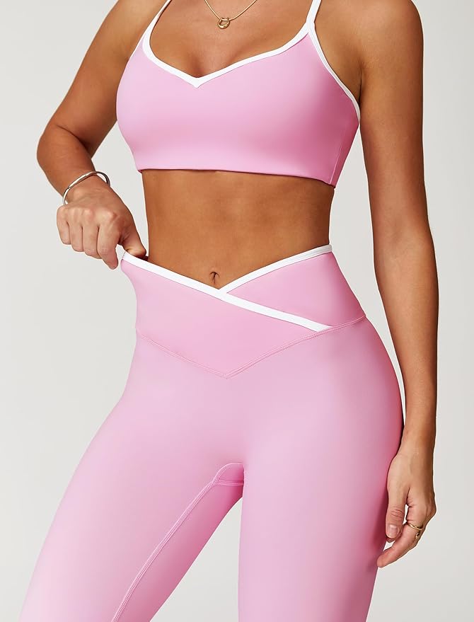 ABOCIW Workout Sets for Women 2 Piece Color Block Strappy Sports Bra High Waist Leggings Gym Yoga