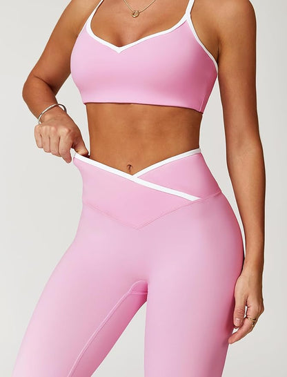 ABOCIW Workout Sets for Women 2 Piece Color Block Strappy Sports Bra High Waist Leggings Gym Yoga
