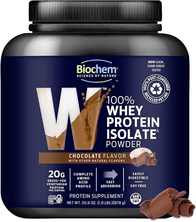 Biochem 100% Whey Isolate Protein Powder, Chocolate Flavor, 20g Grass-Fed Protein, Keto Friendly