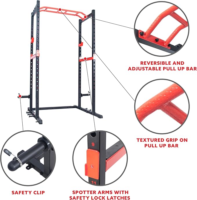 Sunny Health & Fitness Power Zone Strength Rack Power Cage - 1000 LB Weight Capacity, Spotter Bar