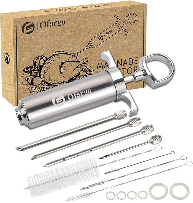 Stainless Steel Meat Injector Syringe Kit with 4 Marinade Needles for BBQ Grill Smoker, 2-oz Large