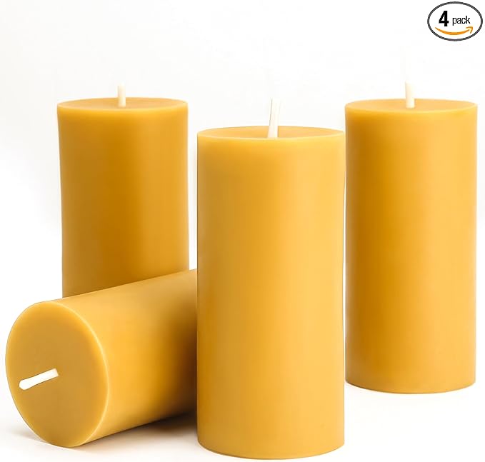 Natural Beeswax Candles 4 Packs, Beeswax Pillar Candles with 140 Hours Burn Time, Organic Emergency