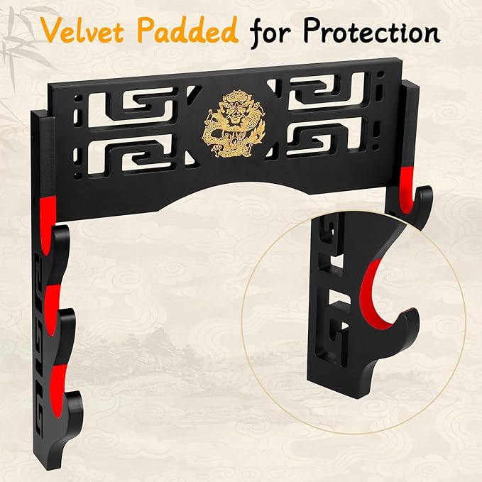 Sword Display Katana Wall Mount, 3-Tier Samurai Sword Katana Holder Stand with Velvet Padded Hook &