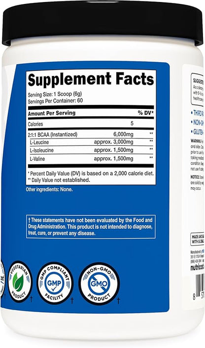 Nutricost BCAA Powder 2:1:1 (Unflavored, 60 Servings) - Vegetarian, Non-GMO, Gluten Free, Branched