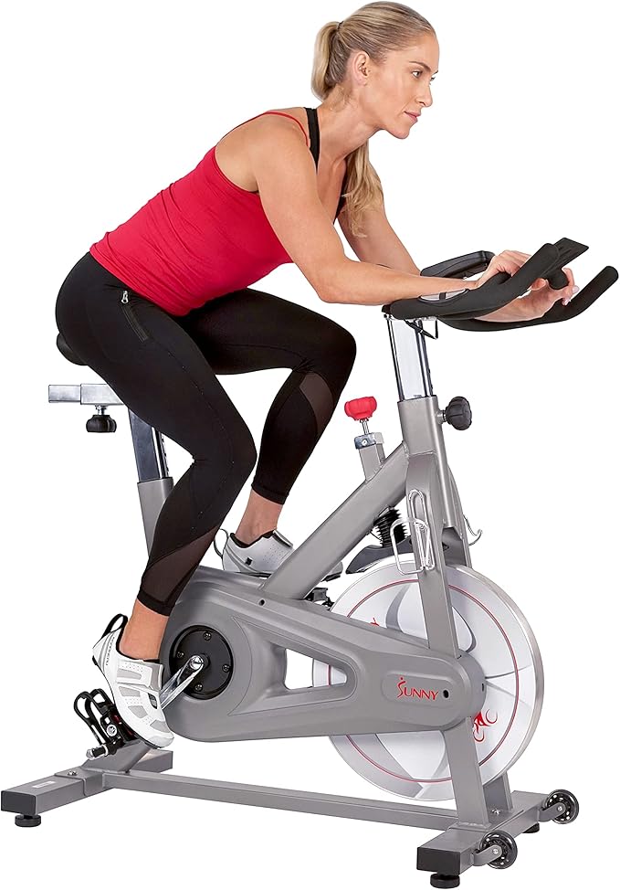 Sunny Health & Fitness Indoor Cycling Exercise Bike w/Pulse Sensors & 4-Way Adjustable Seat