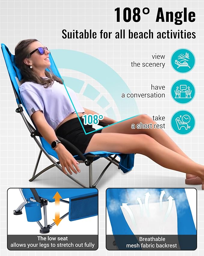 KingCamp Low Beach Chairs, Portable Folding Chair for Adults Extra Wide Ergonomic High Back Seat