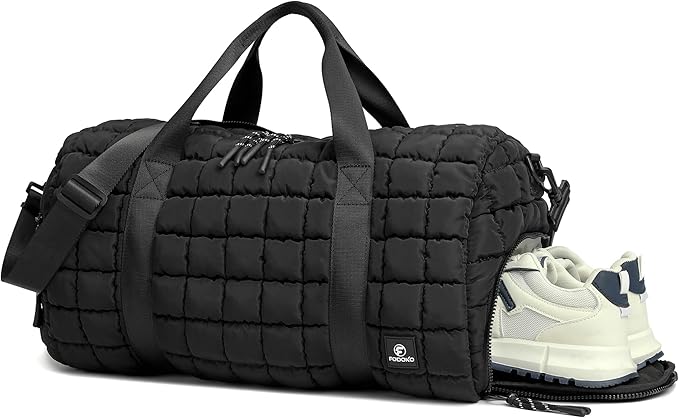 FODOKO Quilted Duffel Bag for Women, Puffer Gym Duffle with Shoe Compartment, Lightweight Large