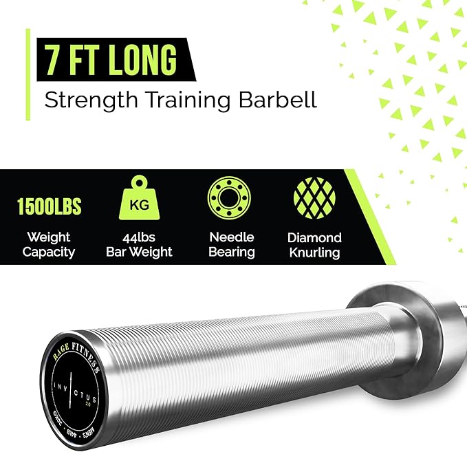 Invictus Men’s Barbell (7FT) (44LBS Bar Weight) (1500LBS Weight Capacity) Weight Training Barbell