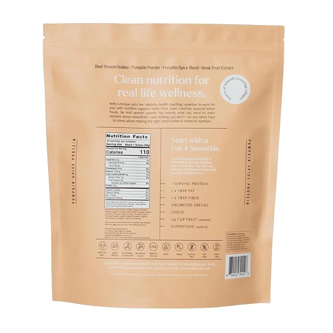 Be Well by Kelly Pumpkin Spice Grass-Fed Beef Protein Powder, 23G of Protein & 3G Net Carbs (30