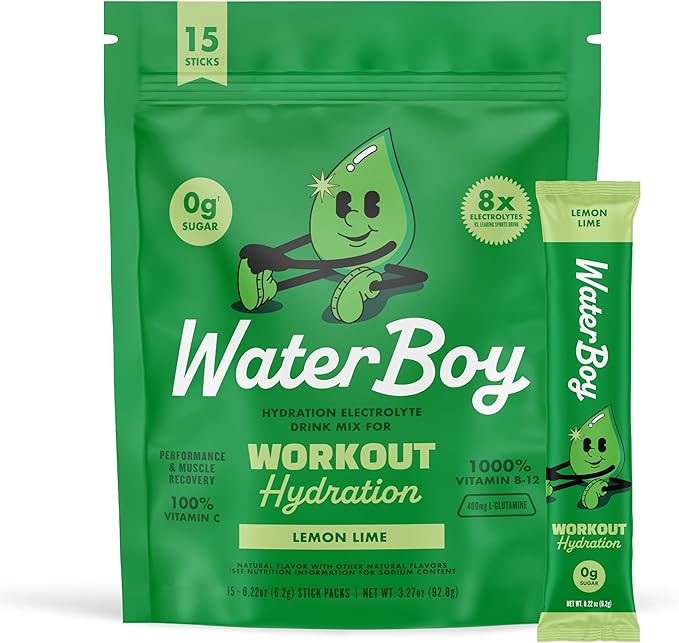 Waterboy Workout Hydration | 2,960mg Sugar Free Electrolyte Powder Packets | L-Glutamine + Vitamins