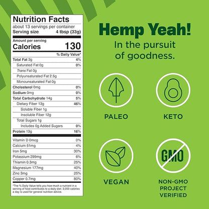 Manitoba Harvest Hemp Yeah Organic Max Fiber Protein Powder, Unsweetened, 16oz, with 13g of Fiber