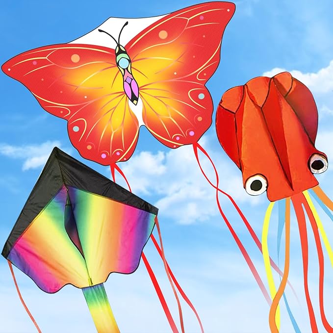 3 Pack Large Kites, Large Butterfly Kite, Colorful Delta and Red Octopus for Girls Boys Ages 4-8