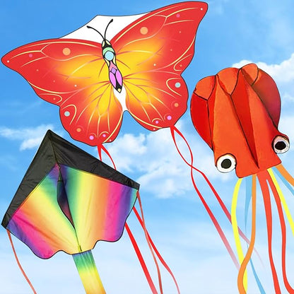 3 Pack Large Kites, Large Butterfly Kite, Colorful Delta and Red Octopus for Girls Boys Ages 4-8