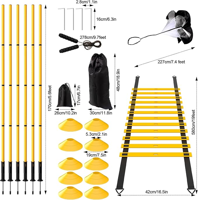 24Pcs Soccer Agility Training Equipment Set Ultimate Agility Poles Cones Ladder More for Quick
