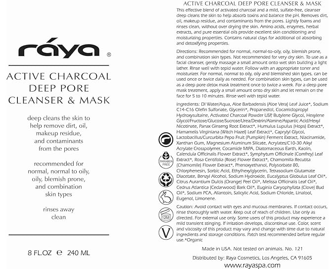 Raya Active Charcoal Deep Pore Facial Cleanser and Mask (121) | Deep Pore Cleansing Fluid for