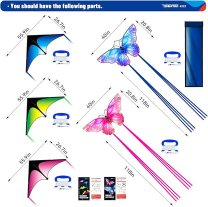 3 Piece Set Butterfly Delta Octopus Kites for Kids and Adults，Easy to Fly for Outdoor Adults