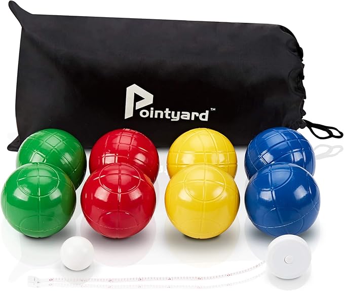 Pointyard 90mm Bocce Ball Set with 8 PE Balls, 1 Pallino, Carrying Bag, Measuring Tape - Family