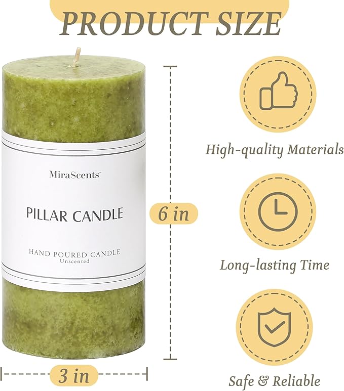 3x6 inch Green Pillar Candles Set of 3, Unscented Pillar Candle, Dripless and Smokeless Large