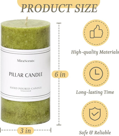 3x6 inch Green Pillar Candles Set of 3, Unscented Pillar Candle, Dripless and Smokeless Large