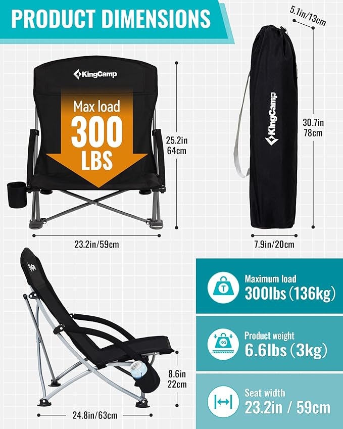 KingCamp Low Beach Chairs, Portable Folding Chair for Adults Extra Wide Ergonomic High Back Seat