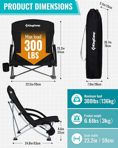 KingCamp Low Beach Chairs, Portable Folding Chair for Adults Extra Wide Ergonomic High Back Seat