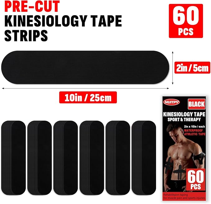 60PCS Precut Kinesiology Tape Strips, 2 inch x 10 inch Athletic Tape, Kinetic Tape, Elastic Muscle