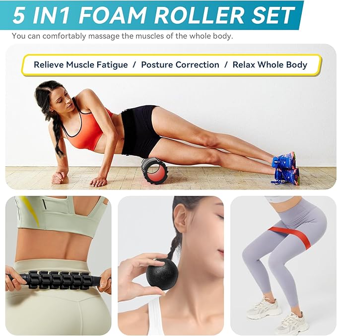 5 in1 Foam Roller Set for Deep Tissue Muscle Massage, High Density Fitness Exercise Foam Roller