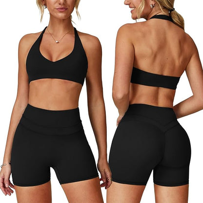 Two piece yoga short set for women with Halter top and gym short Matching workout sets for