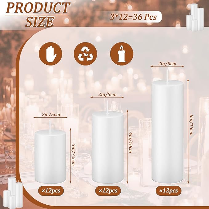 36 Pcs White Pillar Candles Bulk Set，Hurricane Candlesï¼? Different Lengths 2 x 3/4/6 Inch (12