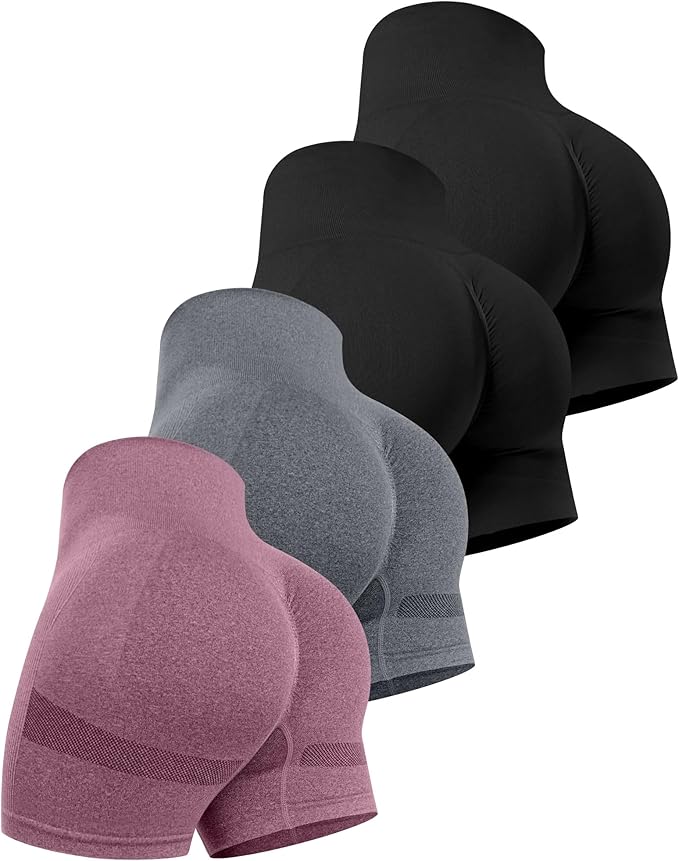 CHRLEISURE Women's 4 Packs Workout Gym Shorts, High Waisted Butt Lifting Scrunch Butt Seamless