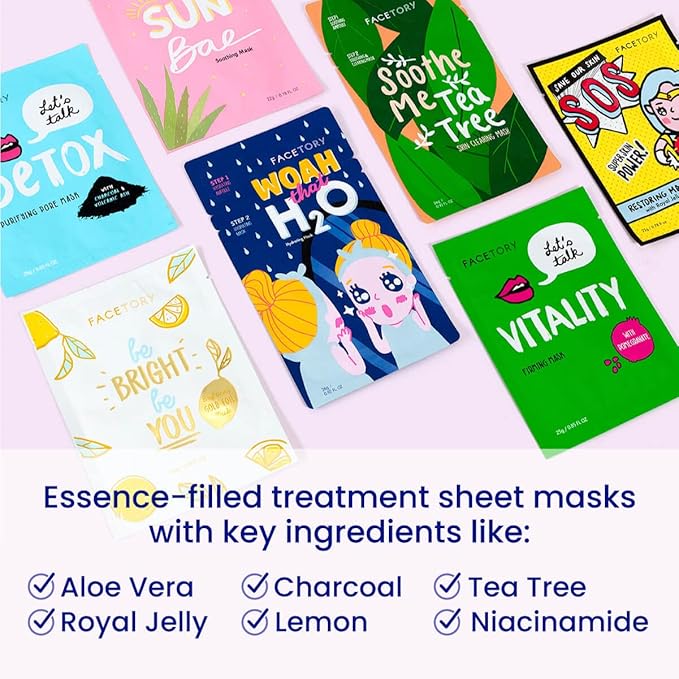 FACETORY K Beauty Face Mask Skin Care - BEST OF 7 COLLECTION Sheet Mask Set (14 pc) | Natural